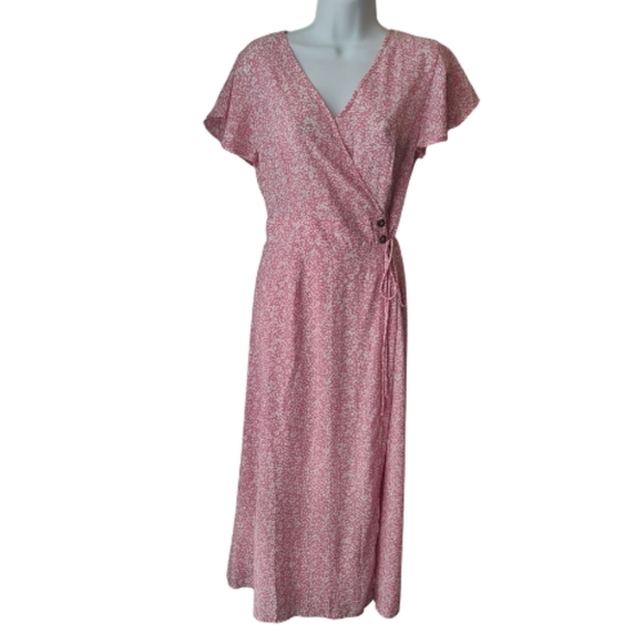 Sienna Sky Pink Ditsy Floral Maxi Dress Sz Large Wrap Wedding Summer Spring - Picture 1 of 12